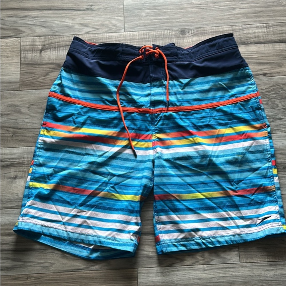 Speedo Blue Striped Swim Board Shorts with Orange Drawstring